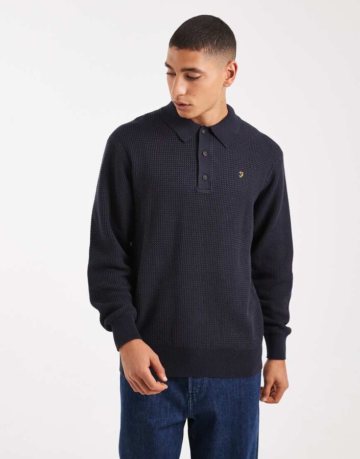Farah gateacre knit long sleeve polo shirt in navy