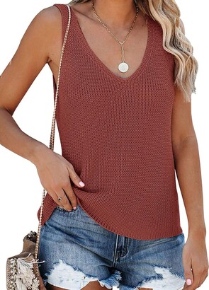 Cisisily Womens Sleeveless Knited V-Neck Vest Summer Light Weight Cami Tank  Tops X-Large Red - ShopStyle