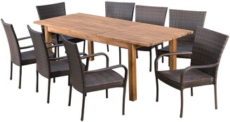 Contemporary Home Living 9-Piece Teak Brown Finish Outdoor Furniture Patio Expandable Dining Set
