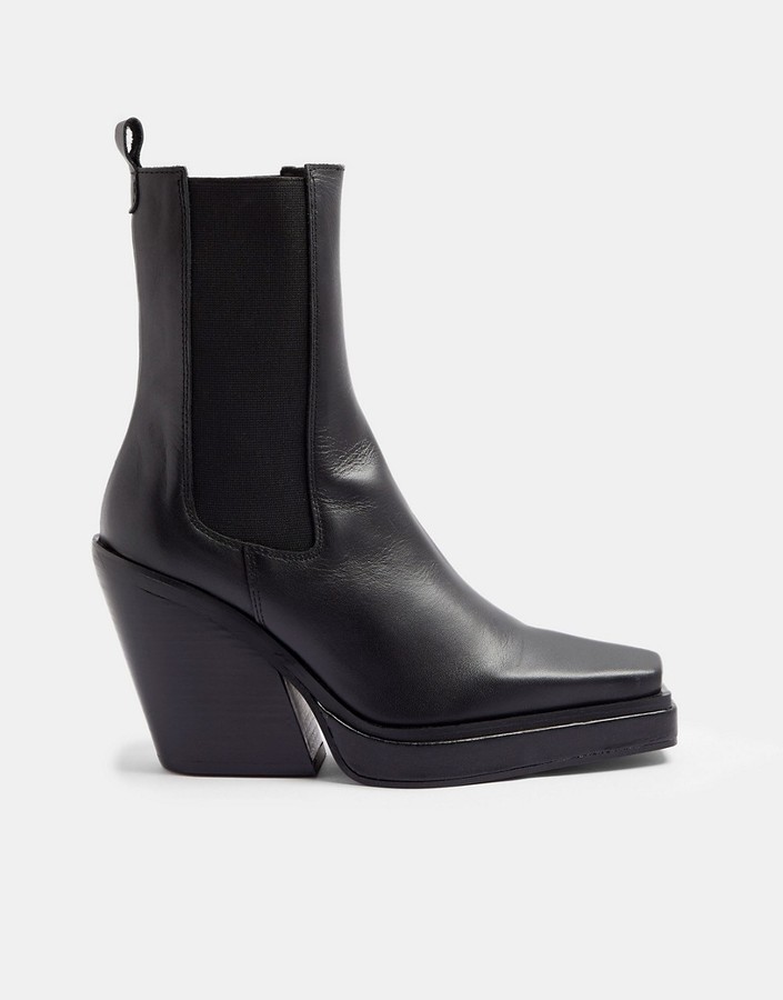 Topshop Hero heeled square toe western chelsea boots in black - ShopStyle