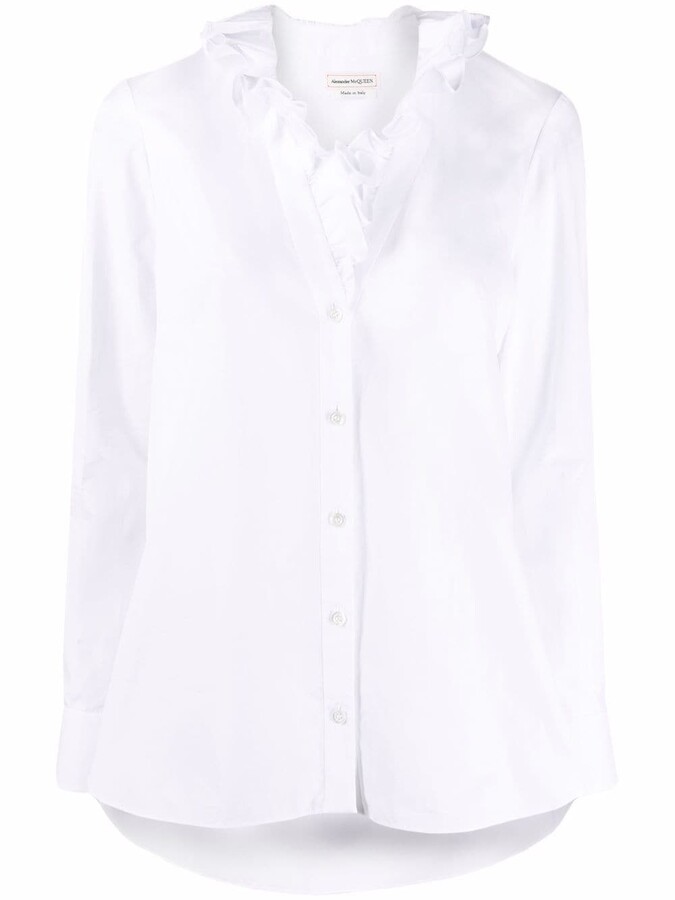 White Long Sleeve Ruffle Shirt | ShopStyle