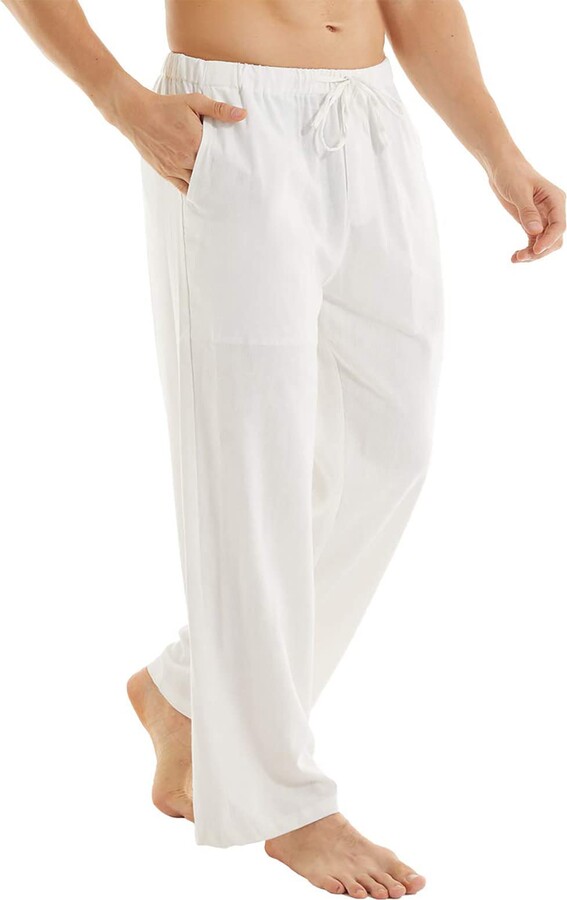 YuKaiChen White Linen Trousers Mens Cotton Casual Beach Lightweight