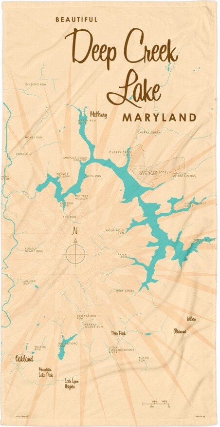 Etsy Deep Creek Lake Maryland | House Décor Cabin Art Custom Map Gifts Beach Towel