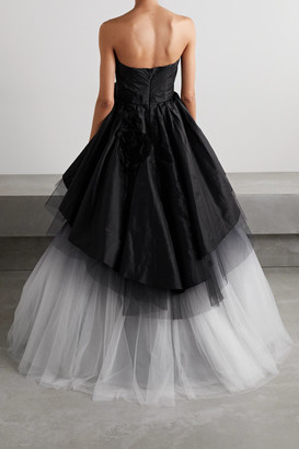 Marchesa Strapless Appliqued Silk-taffeta And Degrade Tulle Gown - Black
