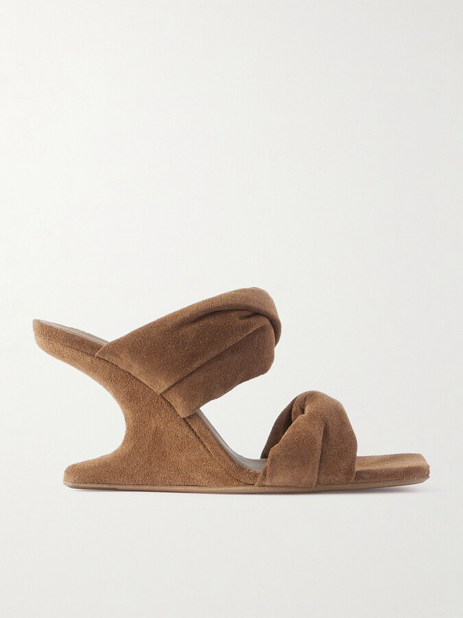 Rick Owens Twisted Cantilever Suede Wedge Mules - Brown