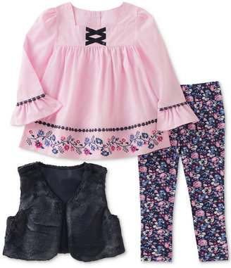 Kids Headquarters 3-Pc. Faux-Fur Vest, Embroidered Tunic and Denim Leggings Set, Toddler Girls (2T-5T)