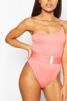Thumbnail for your product : boohoo Petite Rib One Shoulder Belted Swimsuit