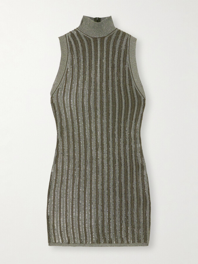 Tom Ford Striped Ribbed Metallic Wool-blend Turtleneck Mini Dress