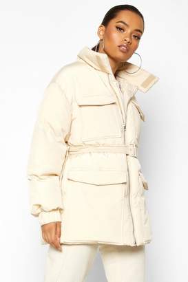 boohoo Double Pocket Belted Utility Puffer