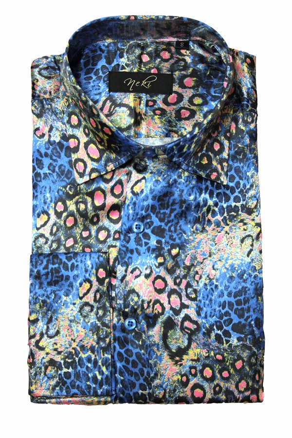 By Neki Black Animal Snake Skin Print Satin Double Cuff Dress Shirt UK Shiny 