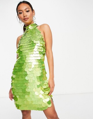 ASOS DESIGN disc sequin halter mini dress in lime - ShopStyle