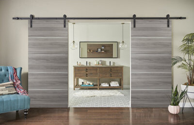 SARTODOORS Sliding Double Barn Doors With Hardware | Planum 0020 Grey Oak | 13FT Rail Hangers Sturdy Set | Modern Solid Panel Interior Hall Bedroom Bathroom Door