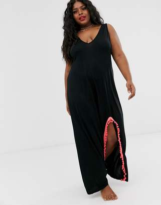 ASOS Curve DESIGN Curve jersey beach maxi cover up with side split & neon tape trim