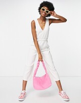 Thumbnail for your product : Monki Sandra organic cotton blend ribbed jersey wide leg jumpsuit in off white