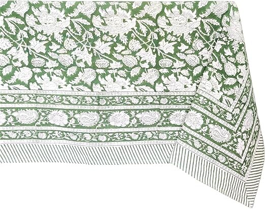 ATOSII Meraki Green 100% Cotton Fall Tablecloth, Handblock Print Rectangle Table Cover for Kitchen Dining Linen I Parties, Thanksgiving, Christmas, Wedding, Table Cloth Fall Decor 60 X 108 Inches