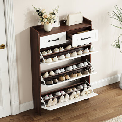 Walnut Colored Shoe Cabinet With Protection, For Hallway Area 2 Drawers And 3 Flip Compartments, Porch