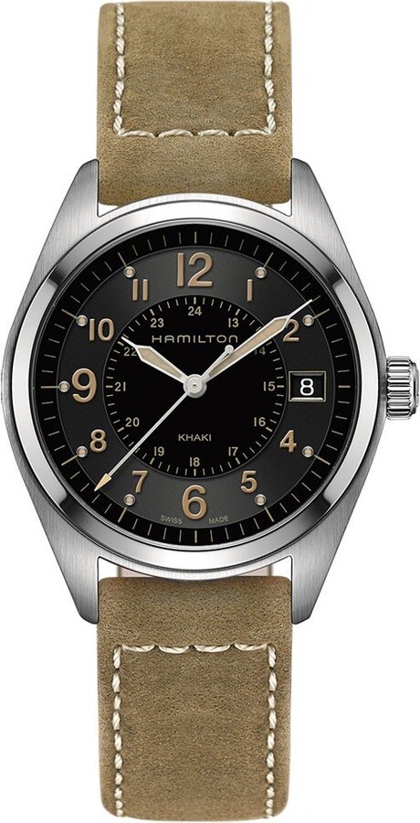 Hamilton Watch Khaki Field Quartz | Swiss Made | 40mm Stainless Steel Case | Black Dial Analog Watch | Green Leather Strap (Model: H68551833)