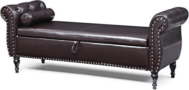 63" PU Upholstered End Of Bed Bench Flip Top Entryway Ottoman With Safety Hinge Storage Rectangular Sofa Stool Buttons Tufted Nailhead Trimmed Solid W