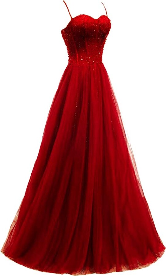 Lemai Women's Heavy Beaded Long Prom Dresses Tulle Spaghetti Straps Evening Gown ShopStyle