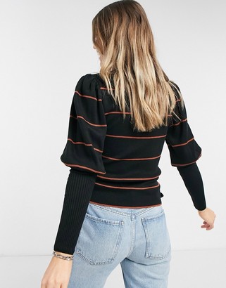ASOS DESIGN V neck jumper with puff shoulder in stripe in black
