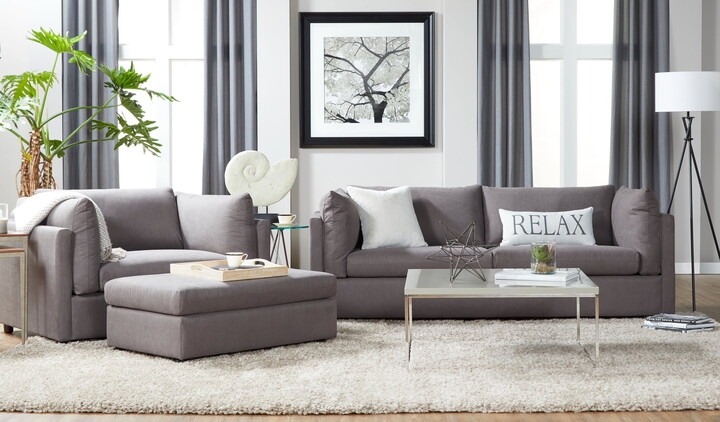 Roundhill Furniture Enda Pillow Back Fabric 3-Piece Sofa and Cuddler Chair Set, Carbon Gray