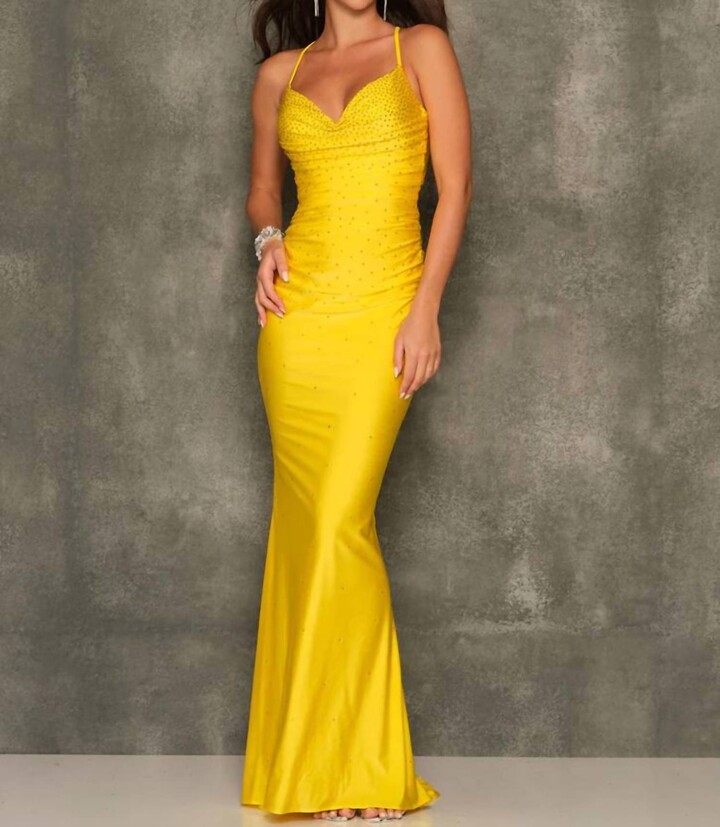 Dave & Johnny Rhinestone Embellished Lace-Up Back Prom Dress In Yellow