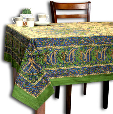 Cotton Block Print Paisley Floral Tablecloth For Rectangle Tables Blue