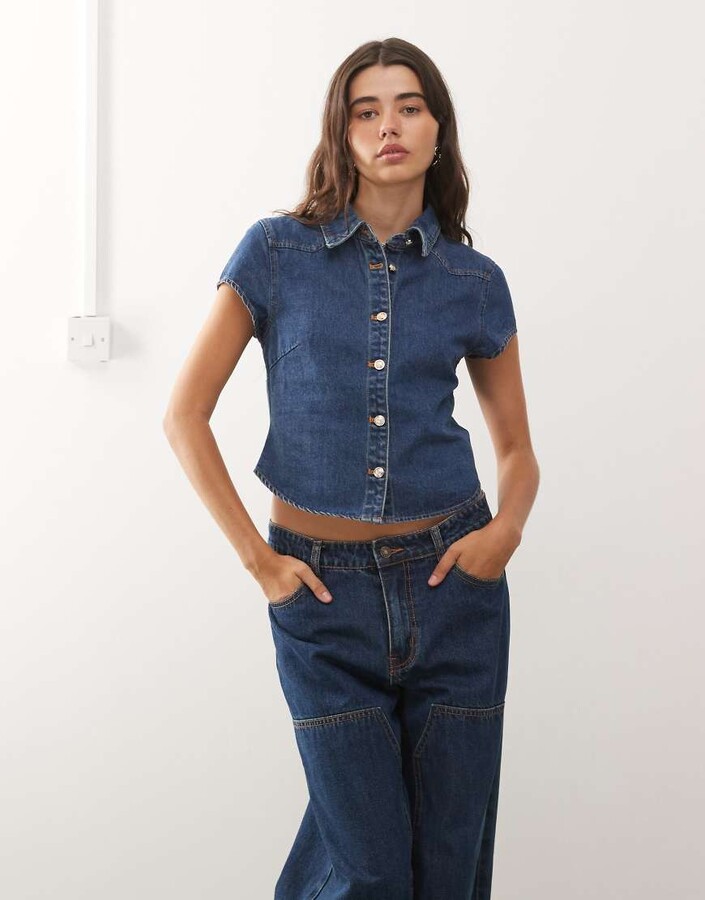 Lioness Varsity Blues collar detail short sleeve contrast stitch denim shirt in mid blue - part of a set