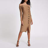 Thumbnail for your product : River Island Womens Beige bardot button front bodycon midi dress
