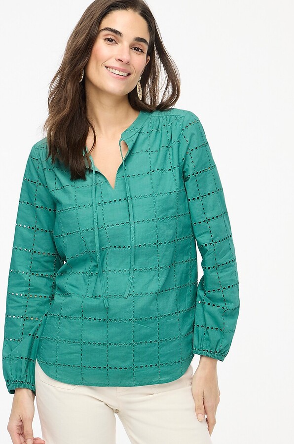 Long-sleeve eyelet tie-neck top