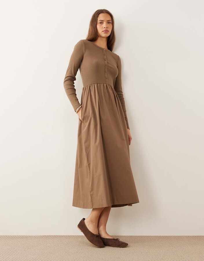 Threadbare jersey poplin mix midi dress with button up top in mocha