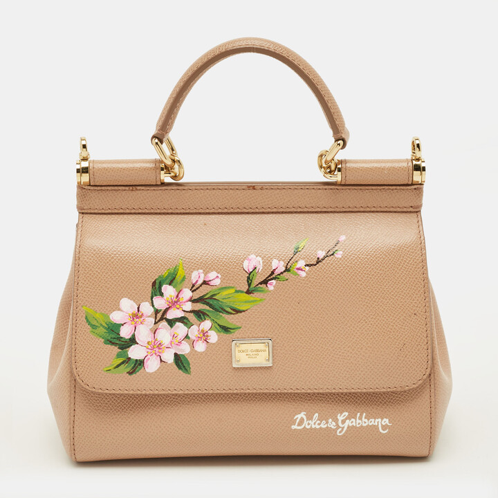Dolce & Gabbana Floral Print Miss Sicily Beige Leather Top Handle Bag
