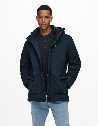 ONLY & SONS premium padded parka with hood in navy - ShopStyle Jackets