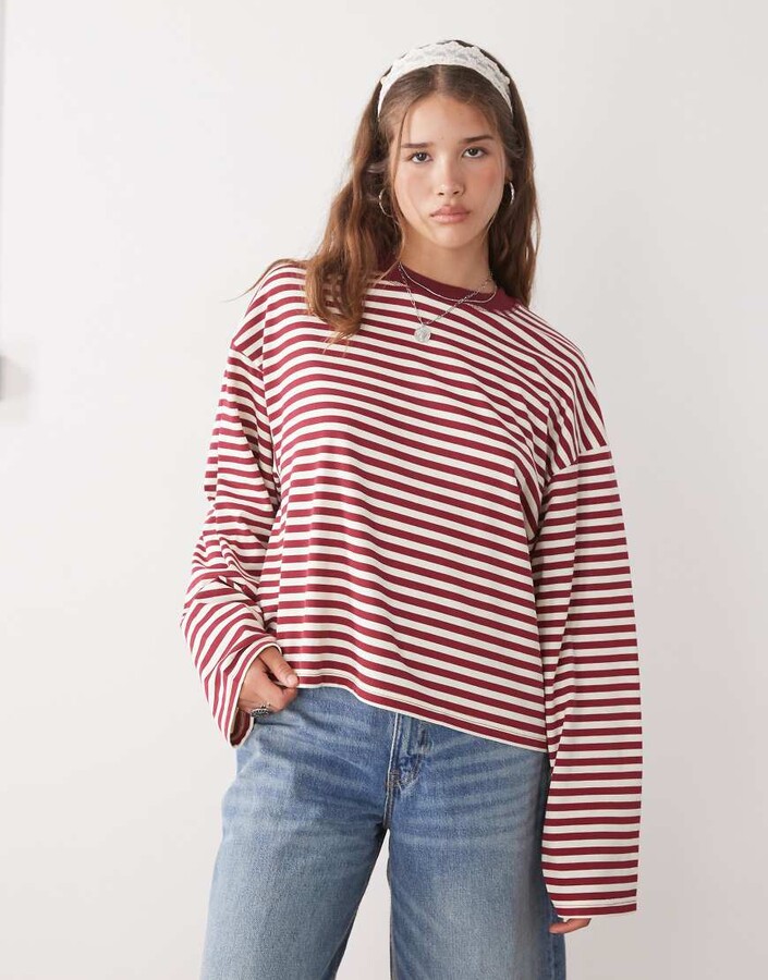 Lioness Bloom cotton blend long sleeve crew neck boxy t-shirt in wine & white stripes