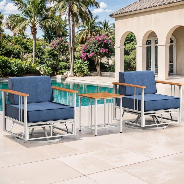 Pocassy Minimalism Metal 3-Pieces White Outdoor Patio Conversation Rocking Chair Swivel Glide with Table and Blue Cushions