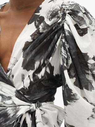 Alexandre Vauthier Puff-sleeve Floral-print Cotton Wrap Blouse - Black White