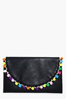 Thumbnail for your product : boohoo Sophie Pom Pom Trim Clutch Bag