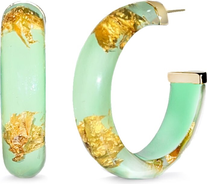 Gold & Honey Green / Gold Gold Leaf Hoop Earrings In Mint Green