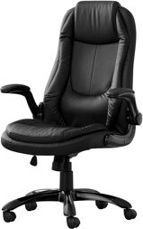 Benjara Swivel Office Chair, Adjustable Height, Flip Arms, Black Faux Leather