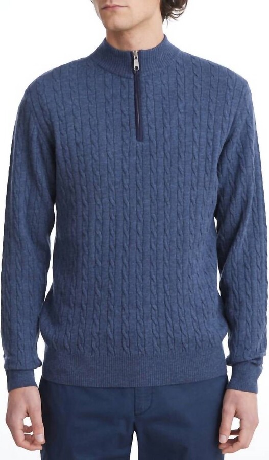 Emanuel Berg Premium Luxury Cable Quarter Zip Sweater In Dark Blue