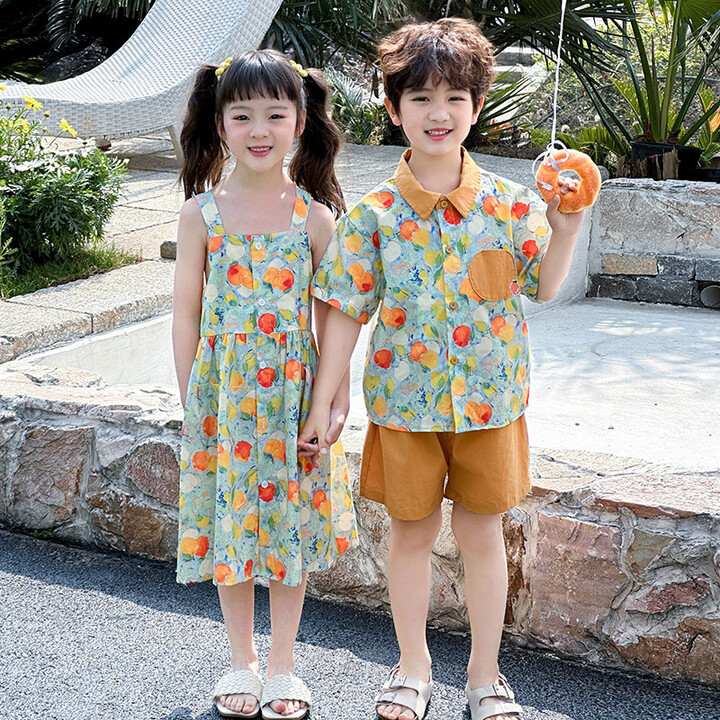 Raise Young Children Siblings Attire Summer Baby Girl Suspender Dress Contrast Print Polo Shirts+shorts Outfit Boy Suit Brother Sister Suits