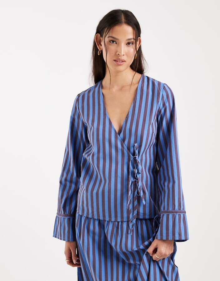 Only tie front shirt in blue and chocolate stripes - part of a set