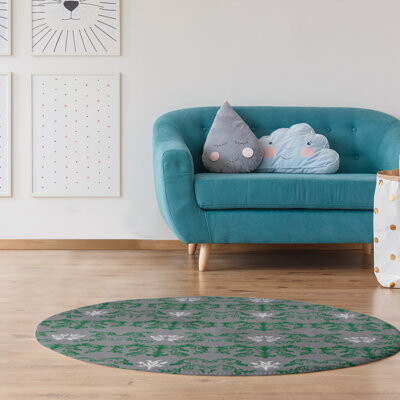 East Urban Home Round Football Baroque Pattern Damask Silver Area Rug
