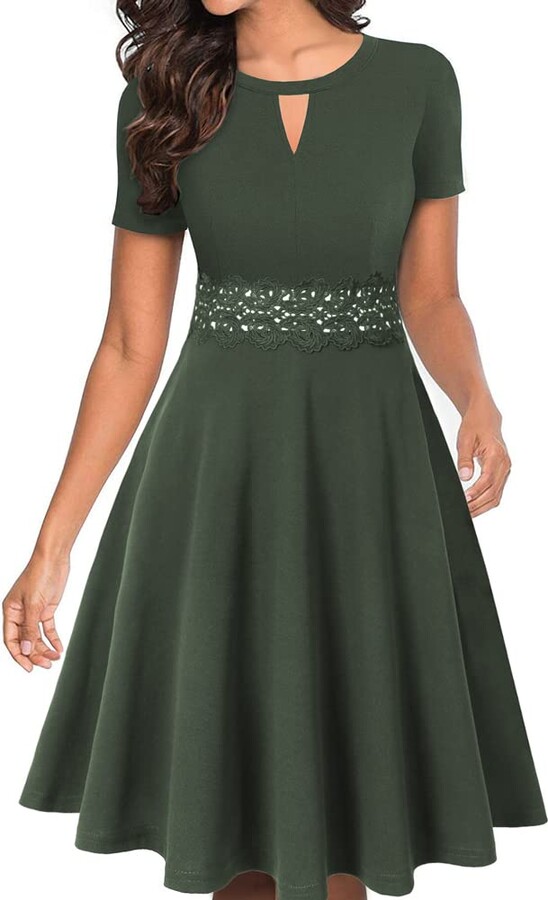 Women Party Dress Spaghetti Strap Casual Solid Sleeves Lace up Vintage Slim Party Dresses,Green,L 