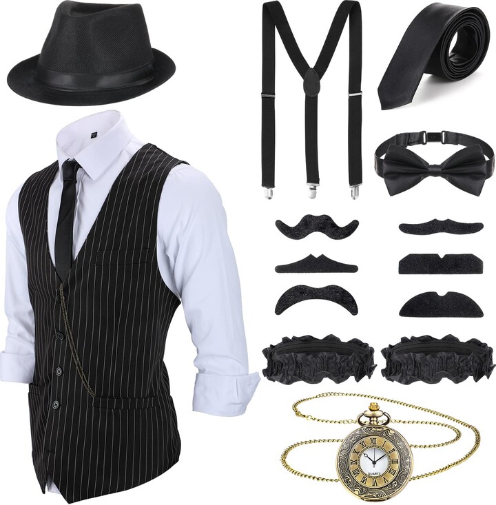 Blulu 1920s Men's Accessories Clothing Costume Outfit with Vest Fedora