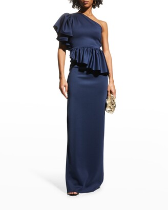 Black Halo Noble One-Shoulder Peplum Gown