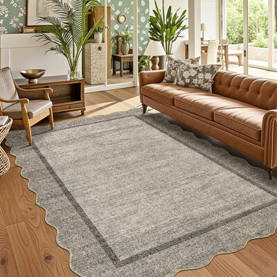 East Urban Home 6x9 Washable Living Room Rug, Soft Scalloped Design, Non-Slip, Low Pile Neutral Carpet for Bedroom, Office, Foldable, Taupe