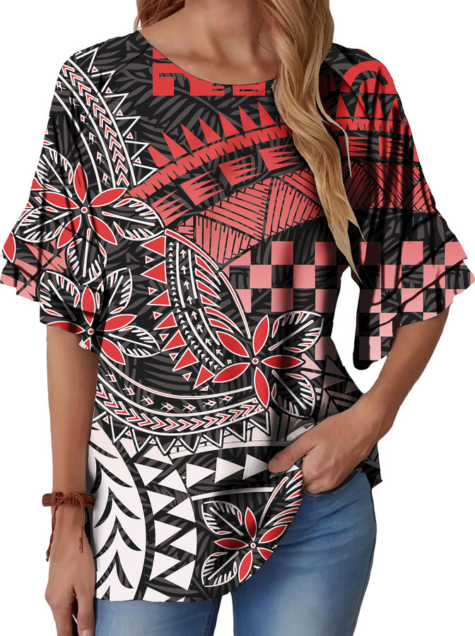 None Casual Tribal Polynesian Design Floral Print Blouse & Shirt Plus Size Samoa Short Sleeve Women & apos;s Clothes T Shirt Tops