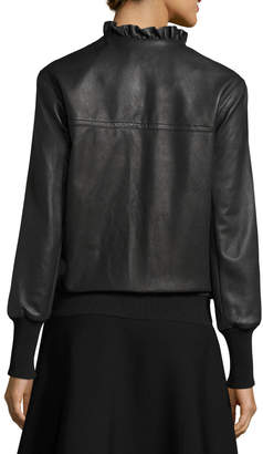 Derek Lam 10 Crosby Ruffled Collar Leather Bomber Jacket, Black