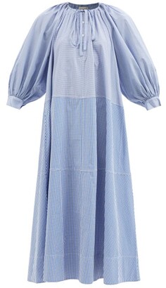 Lee Mathews Yale Gathered Gingham-check Cotton-poplin Dress - Blue White